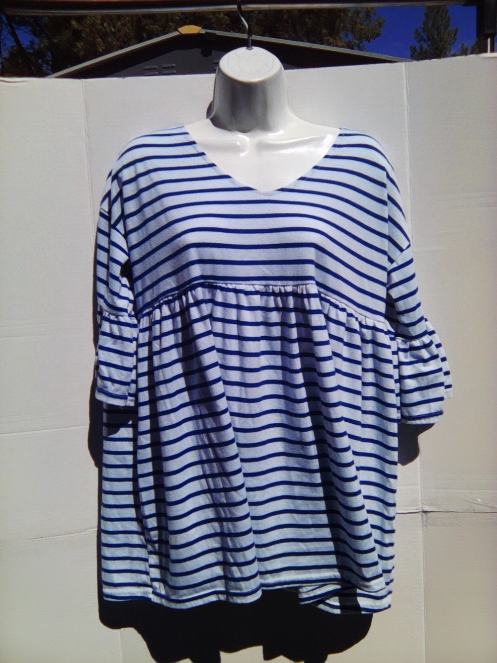 Striped Blue & White Women’s V-Neck Babydoll Top
